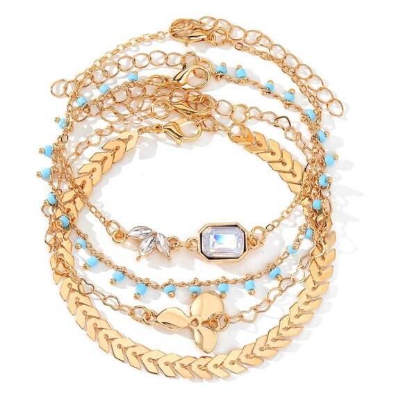 4PCS - ANKLETS Boho Charms and Beaded Layered Gold Dipped Chains Summer Set NEW - Picture 5 of 5